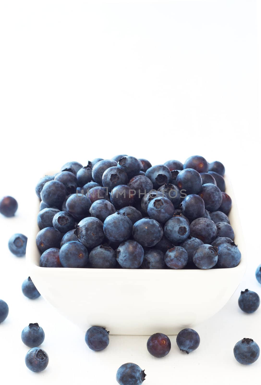 Bunch of fresh blueberries in ceramic bowl on white background