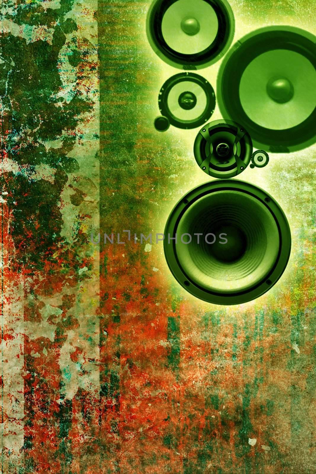 A grunge music background with green speakers