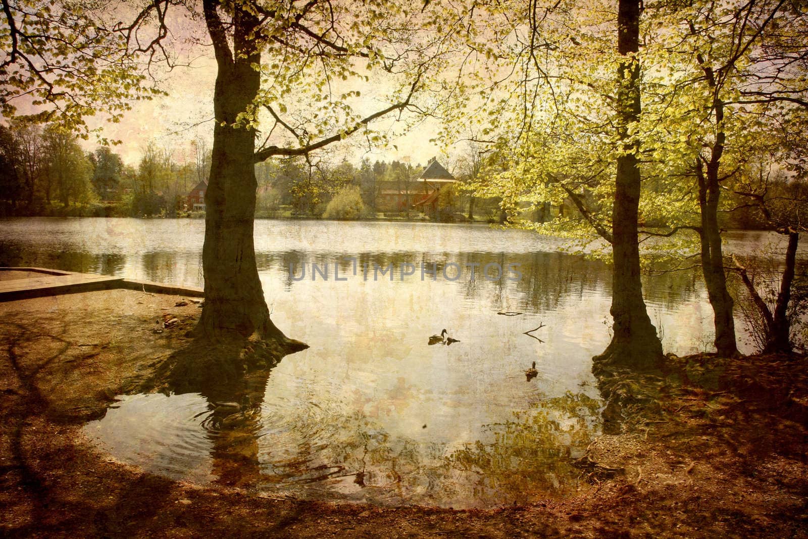 Artistic work of my own in retro style - Postcard from Denmark. - Morning by the lake.