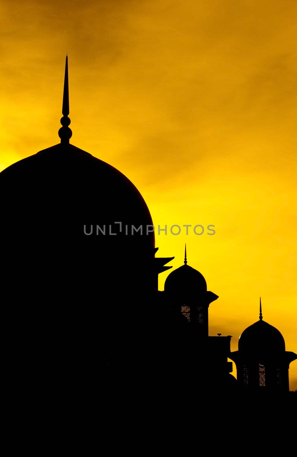 Silhouette of a mosque in sunset.