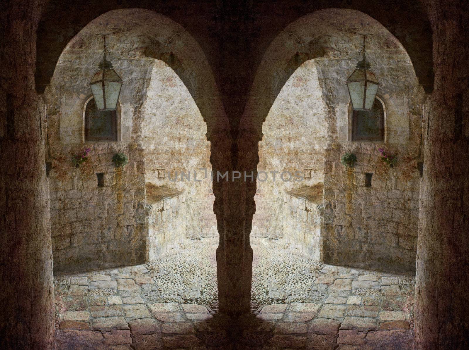 Retro postcard from Dubrovnik - twin fantasy arches. Several of my photos worked together to reflect time and age.