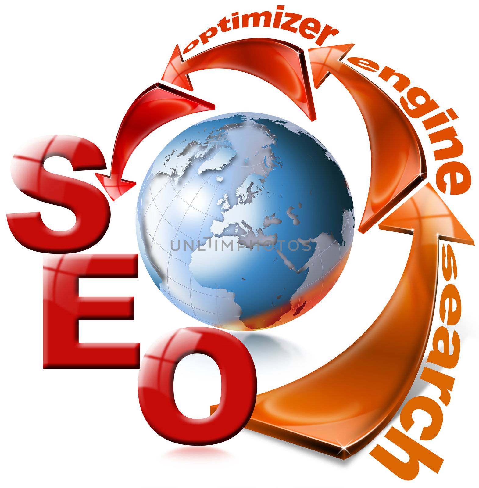 Illustration with globe, arrow and written SEO