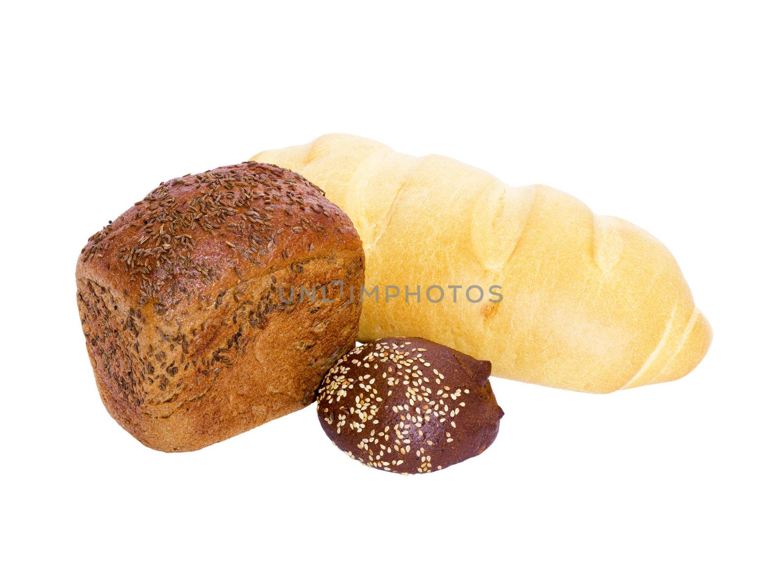 loaf of bread, a loaf and bun on a white background