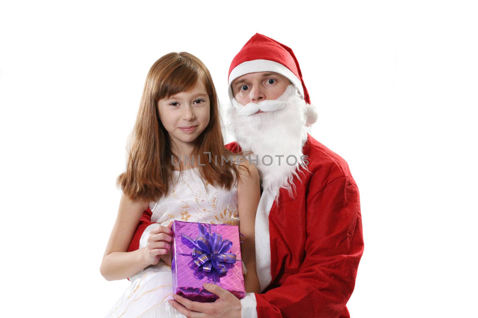 Santa together the girl and a gift on a white background