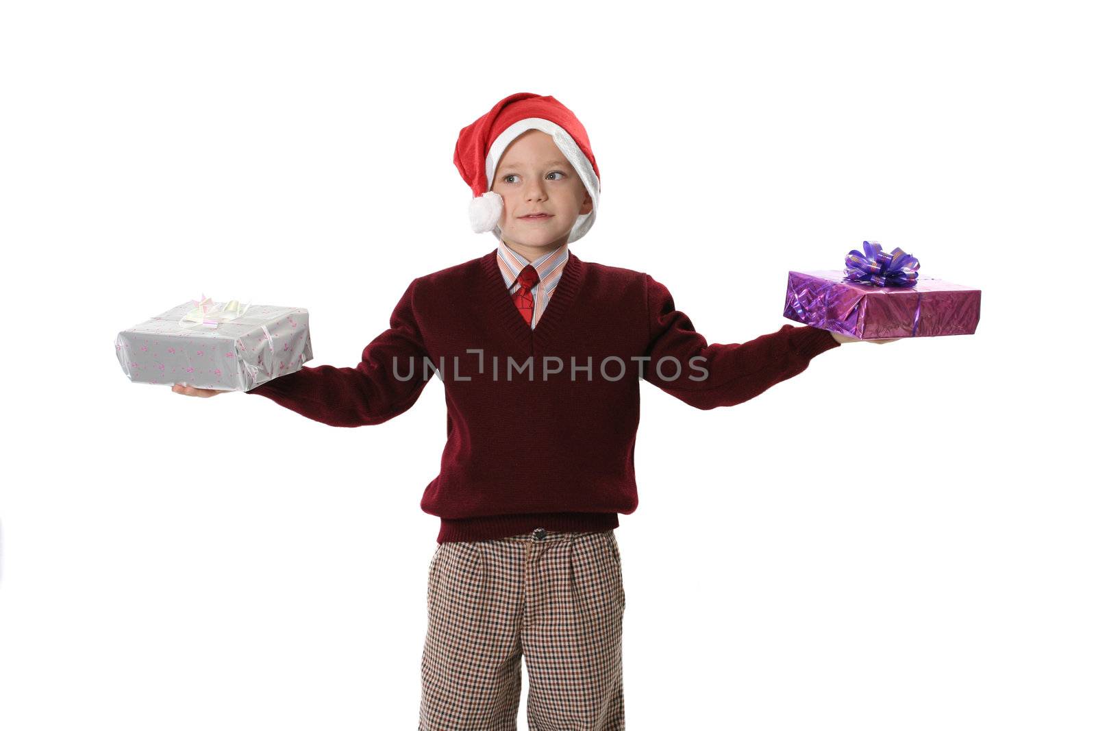 The boy in a cap Santa with a gift on a white background