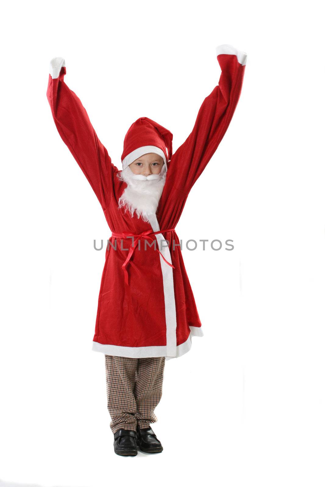 The child in a suit of the Santa-Claus with the hands lifted upwards