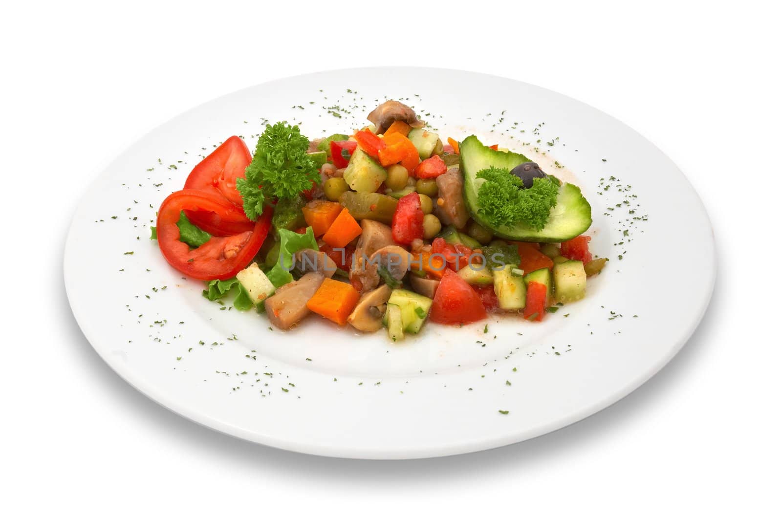 mixed mushroom and fresh vegetables salad served on plate. isolated.