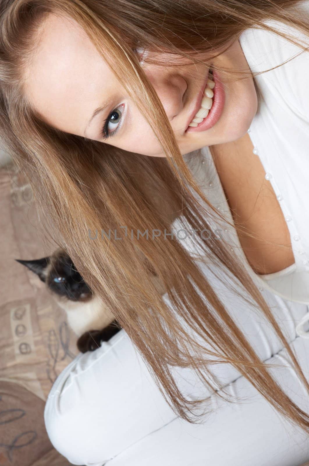 young smiling girl in white with cat by starush
