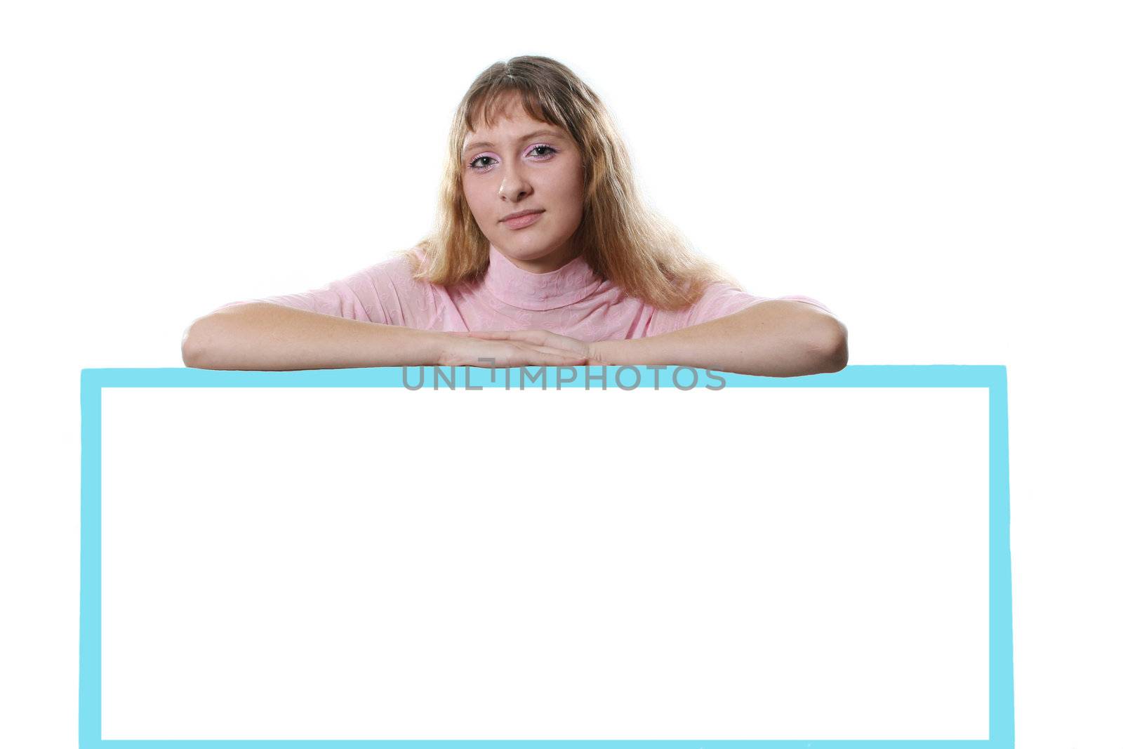 The beautiful girl on the board on a white background