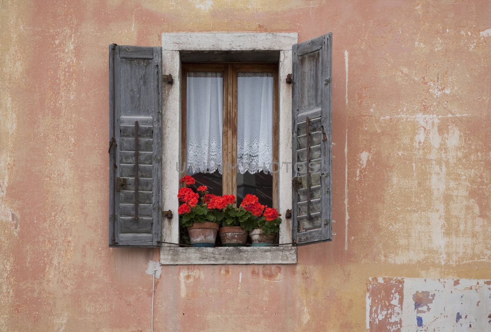 Window with nice red geranium and shutters South Tyrol, Italy.