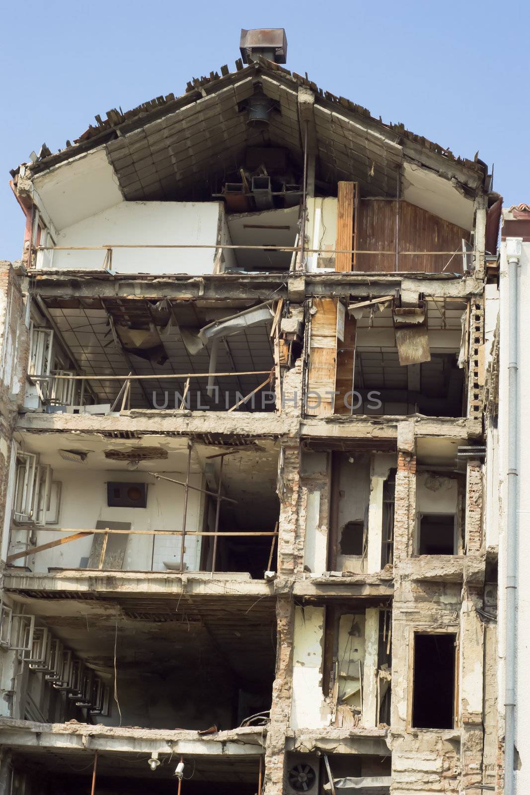 Destroyed building close up,bombed building during nato operation over Belgrade by vician