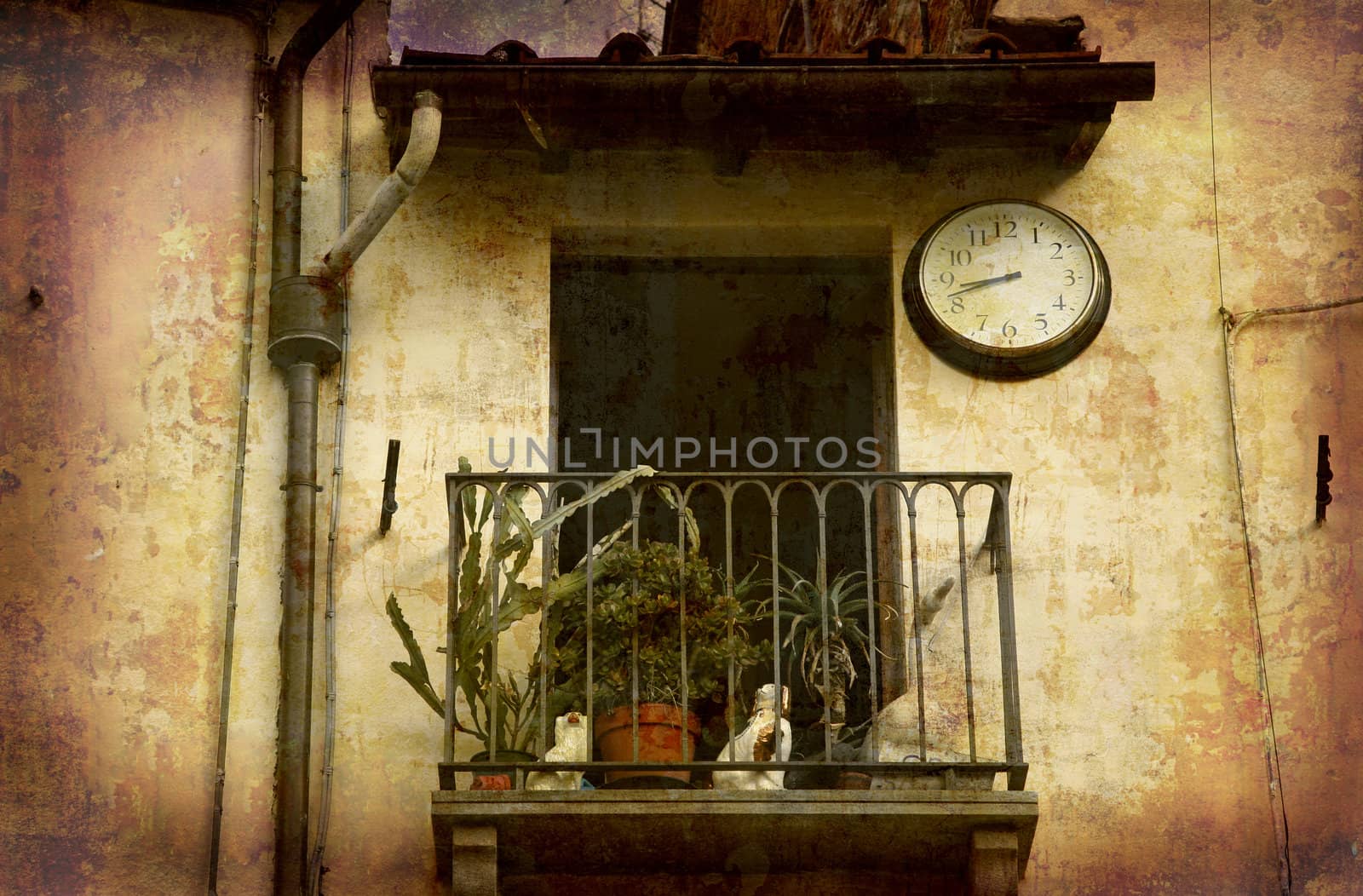 Artistic work of my own in retro style - Postcard from Italy. - Balcony with clock - Lucca, Tuscany.