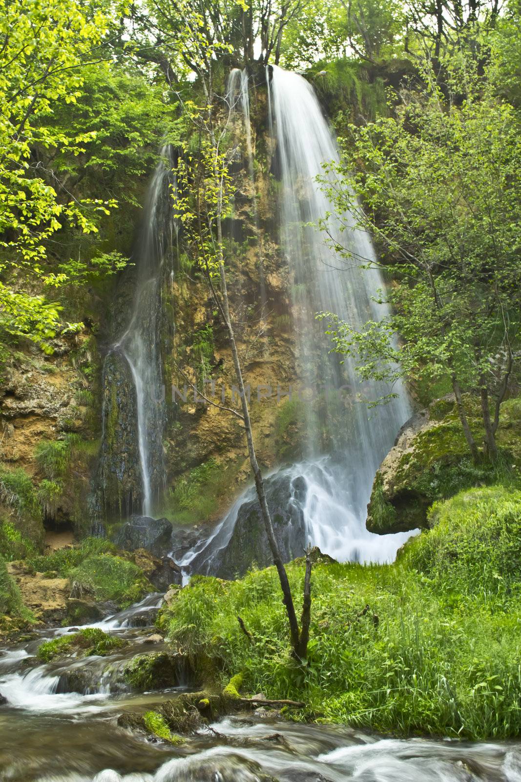 The beautiful waterfall in forest, spring, long exposure by vician