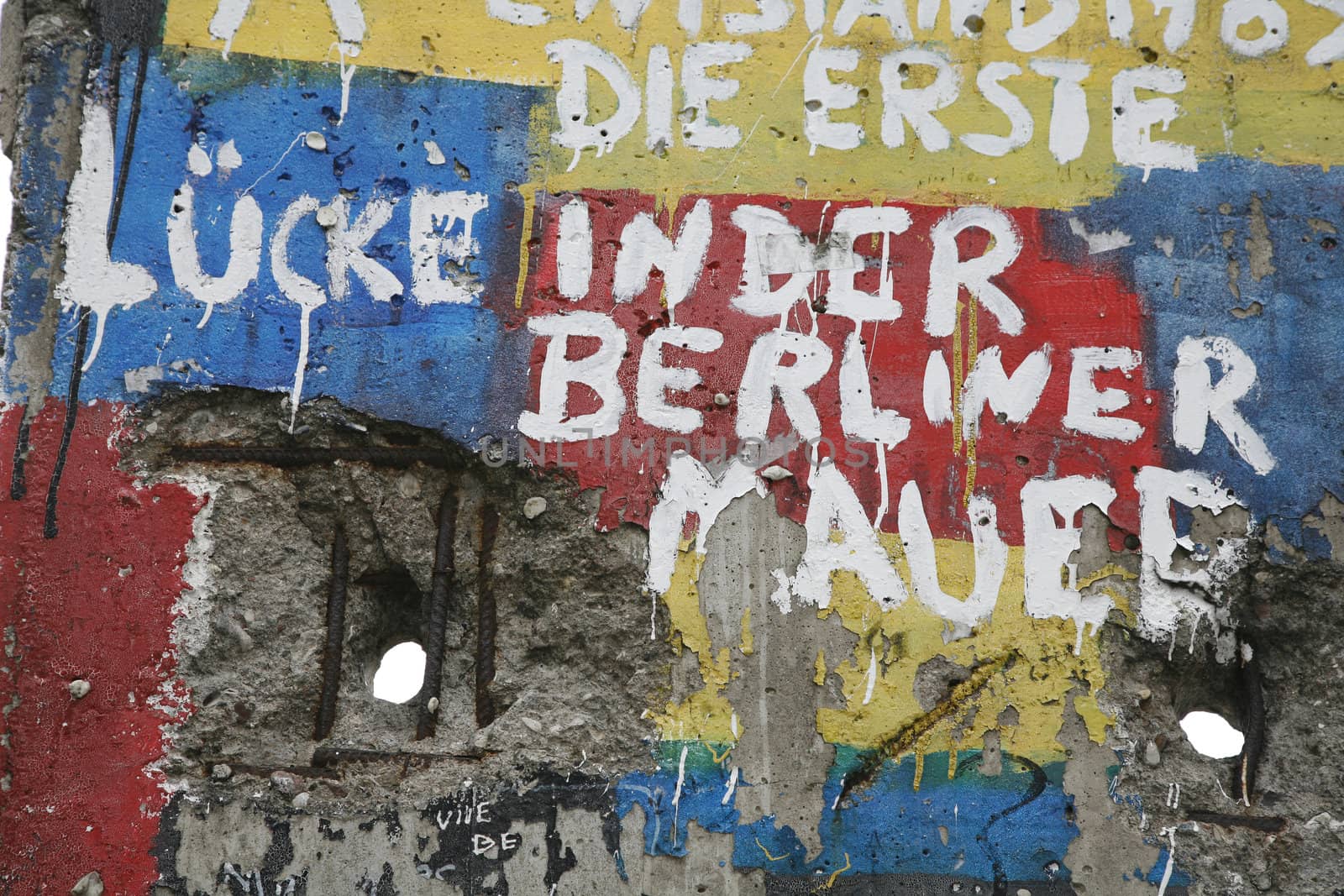 Graffiti and greetings on one of the remaining sections of the old cold war Berlin wall - Germany. The German text says:" The first holes in the Berlin Wall."