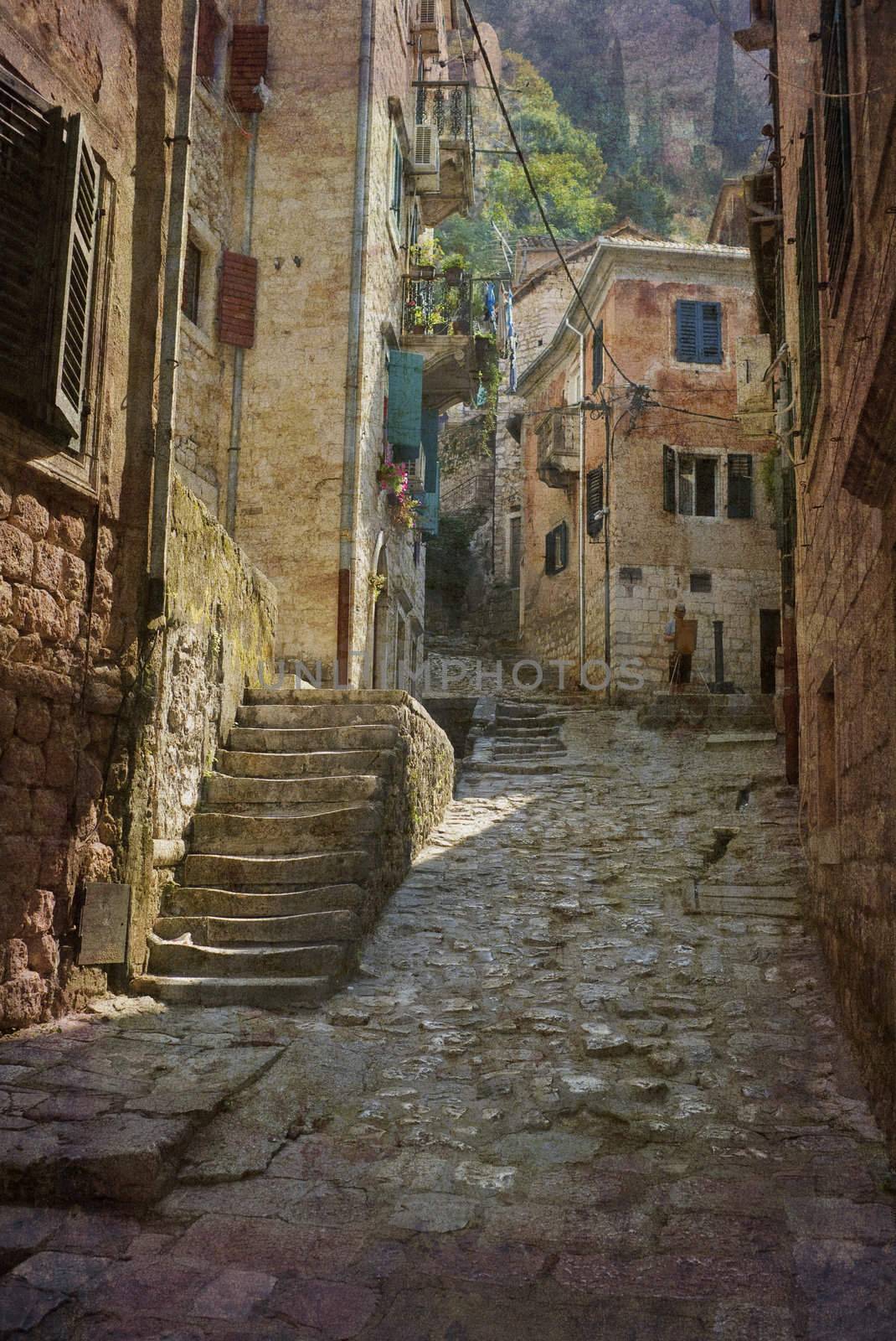 Picturesque alley Kotor. Postcard from Montenegro, Europe. Several of my photos worked together to reflect age and time.