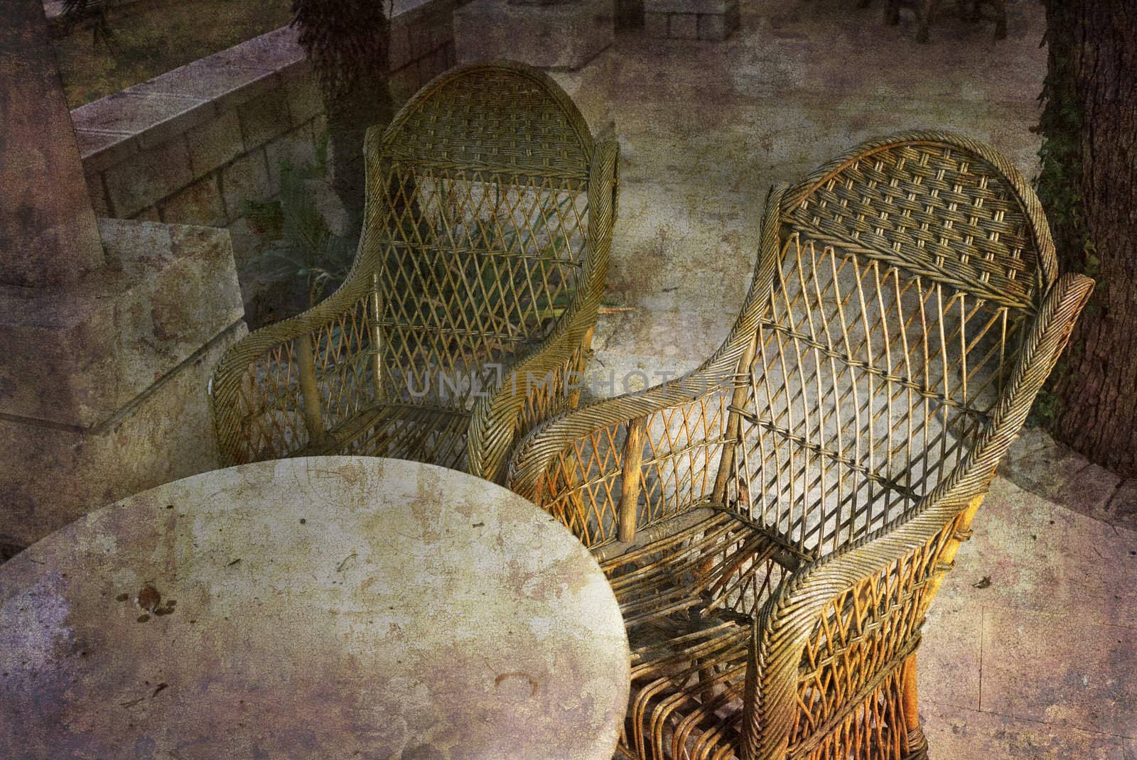 Basket chairs in patio. Postcard from Croatia. Several of my photos worked together to reflect age and time.