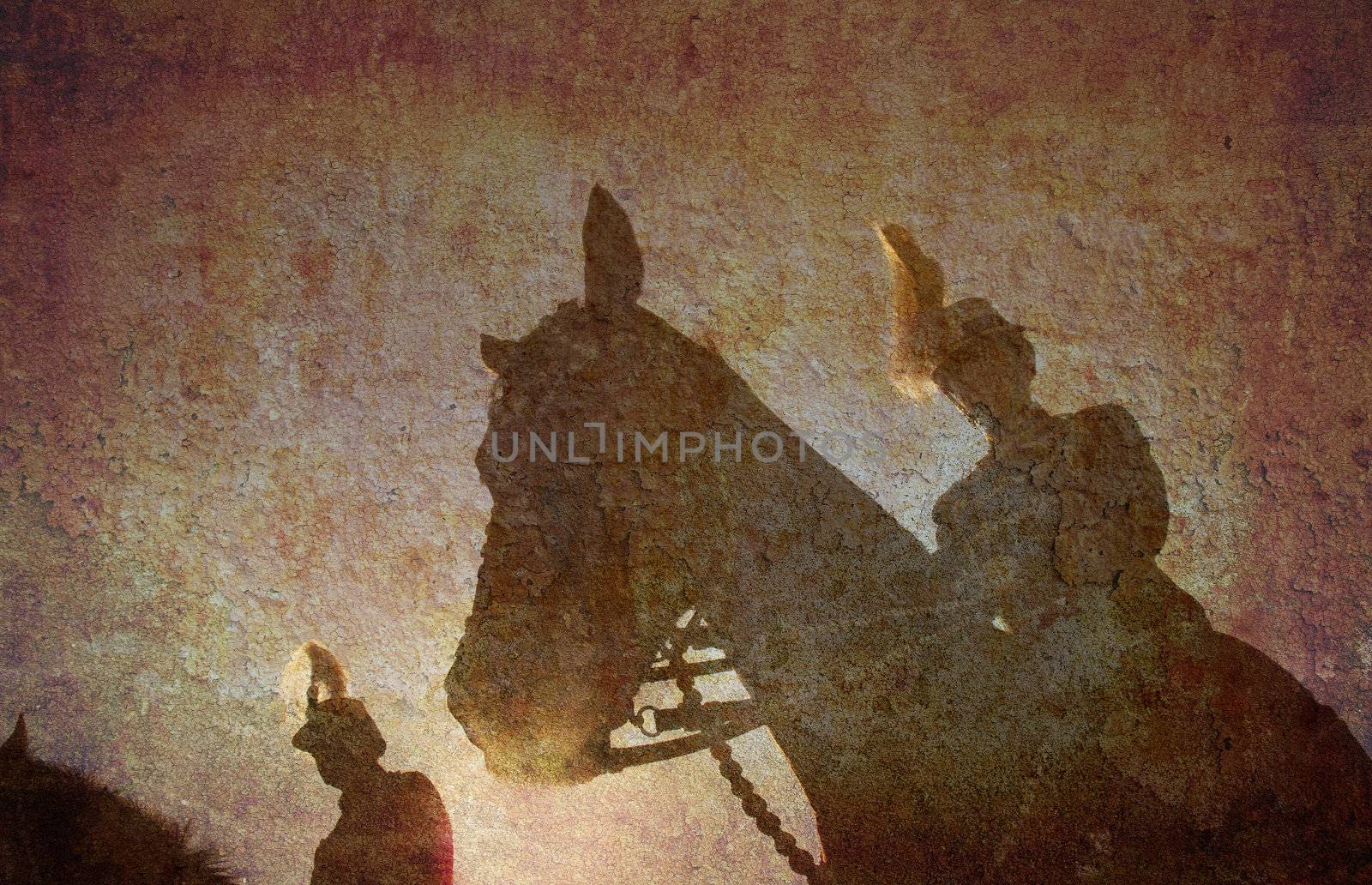 Like an old Japanese print. Several of my photos worked together to make a dreamlike retro look. Early morning Horse Guard.