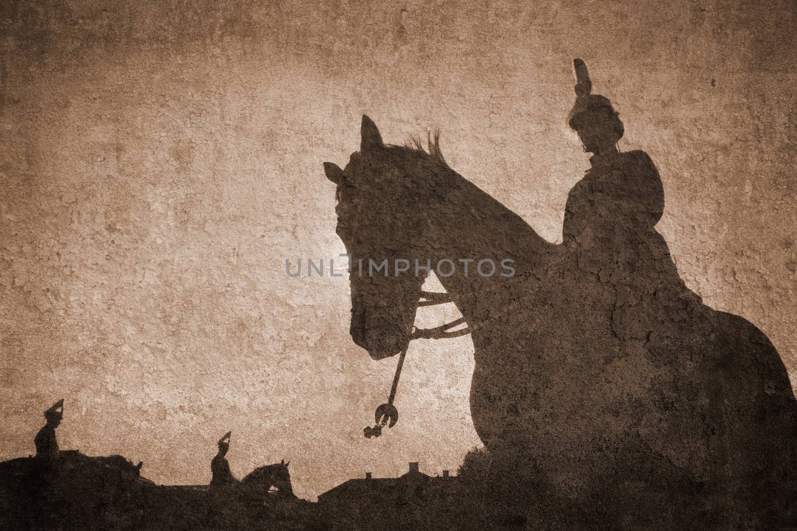 Like an old Japanese print. Several of my photos worked together to make a dreamlike retro look. Horse Guard in the night.