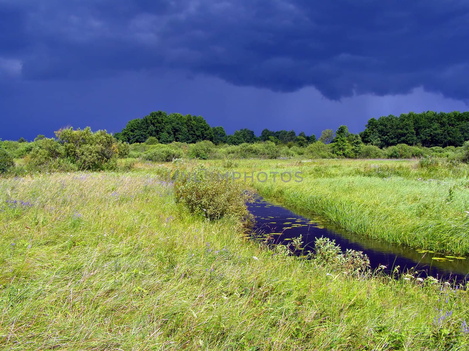small river on field before thunderstorm