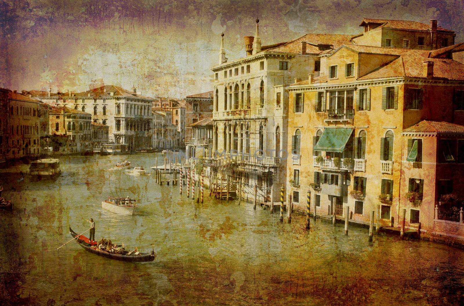 Artistic work of my own in retro style - Postcard from Italy. - Traffic Grand Canal - Venice.