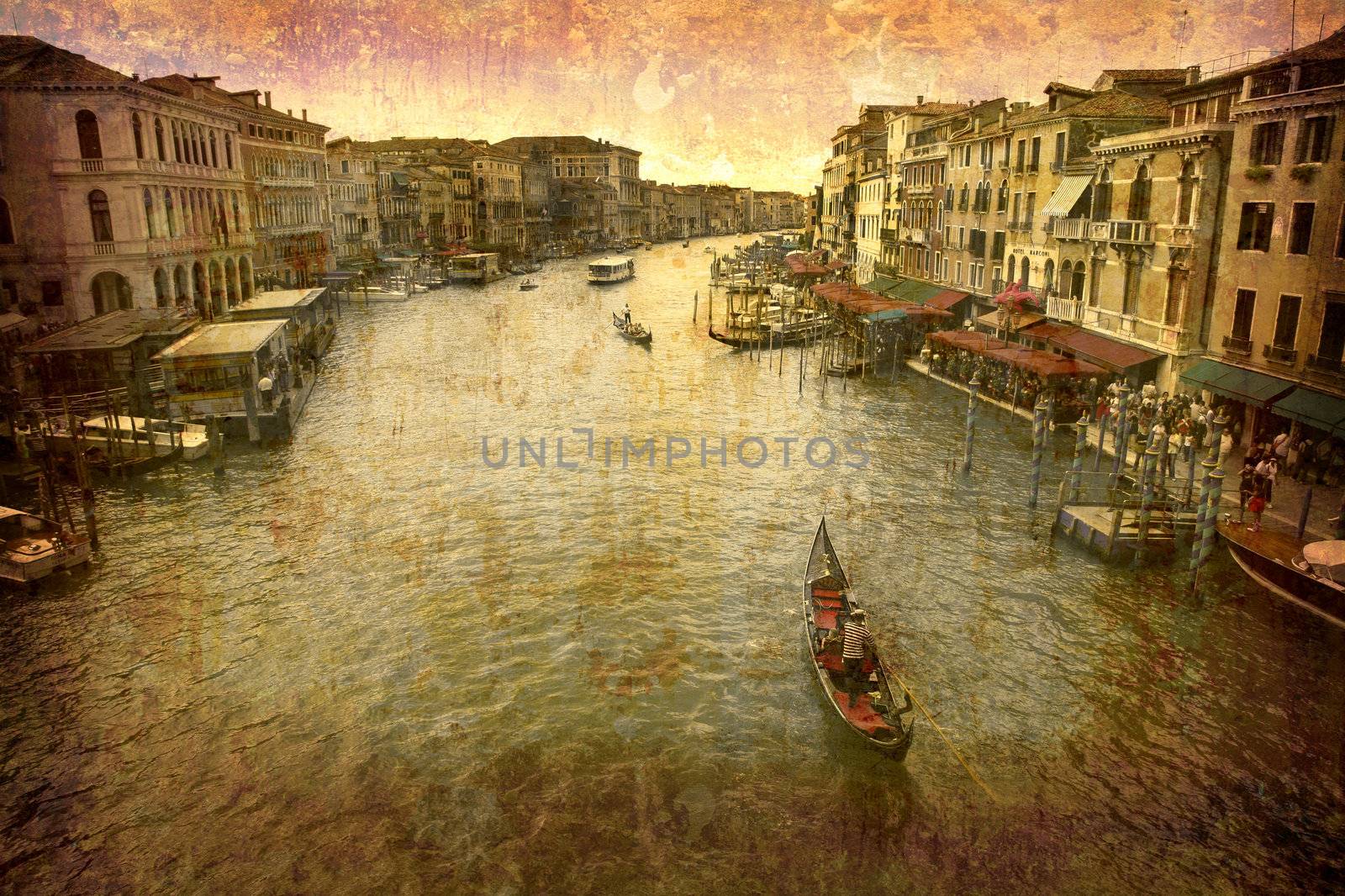 Artistic work of my own in retro style - Postcard from Italy. - Grand Canal seen from Rialto Bridge - Venice.