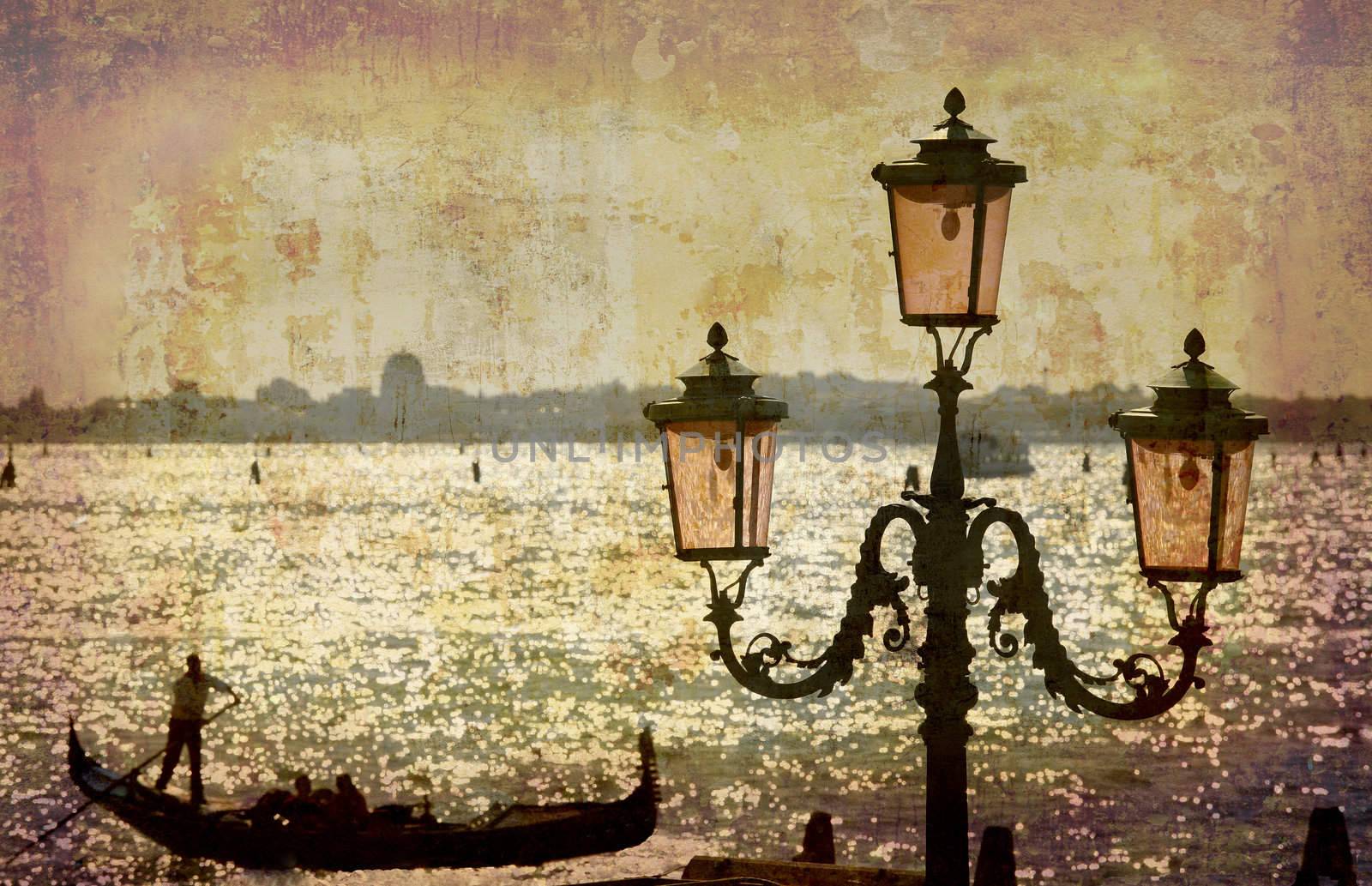 Artistic work of my own in retro style - Postcard from Italy. - Gondola and lamp - Venice.