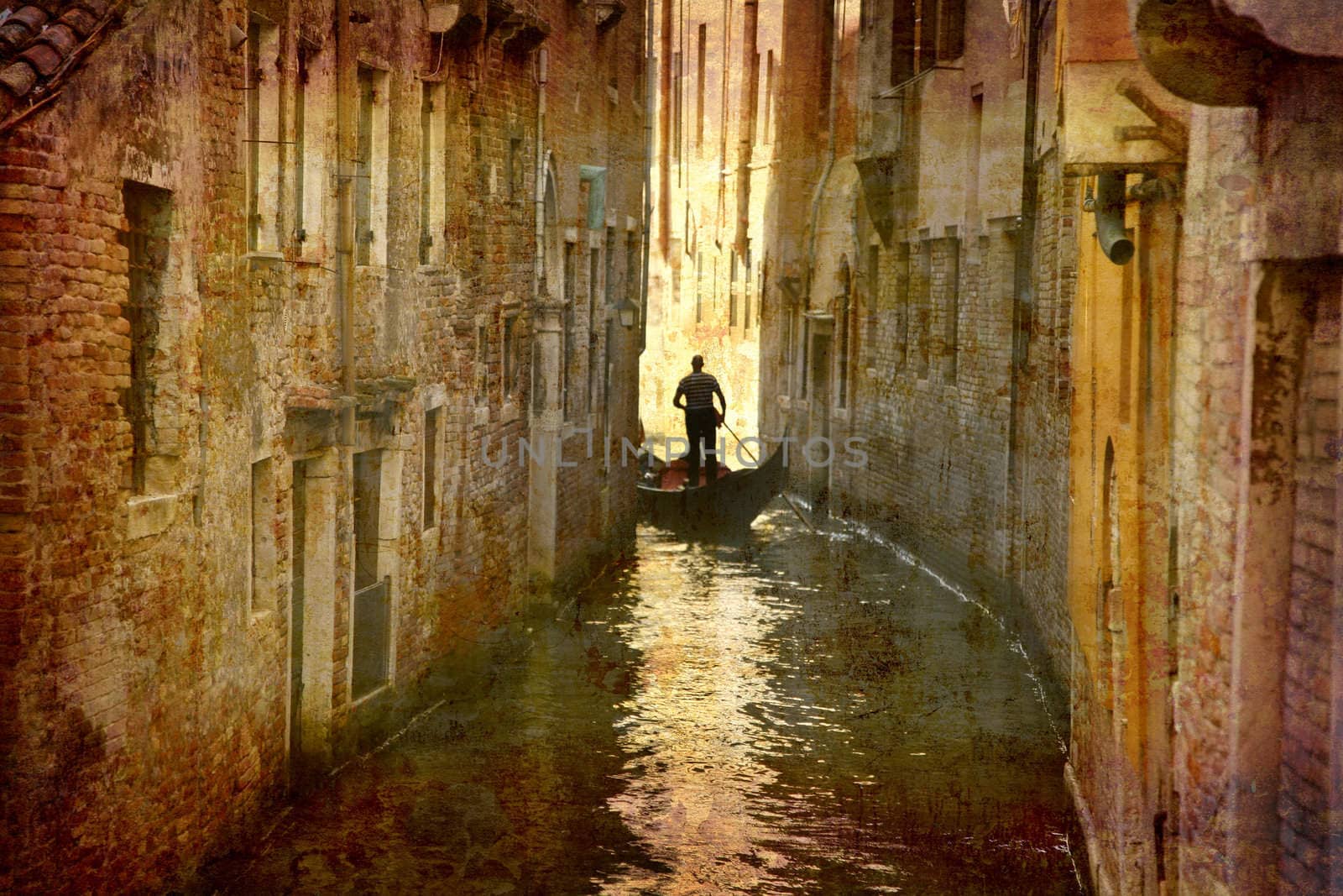 Artistic work of my own in retro style - Postcard from Italy. - Gondola  in urban- Venice.