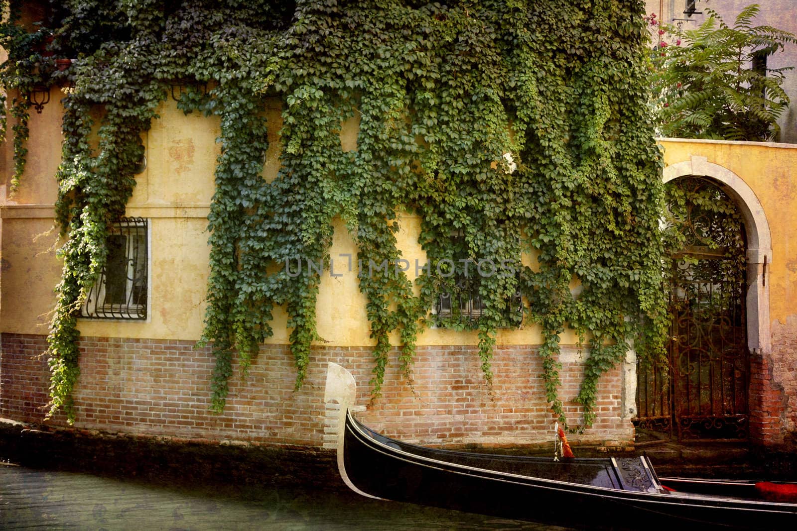Artistic work of my own in retro style - Postcard from Italy. - Ivy and gondola - Venice.