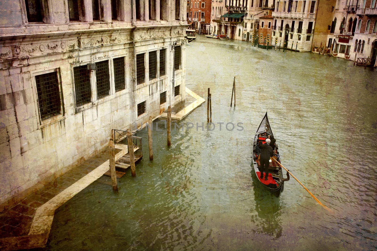 Artistic work of my own in retro style - Postcard from Italy. - Gondola Grand Canal - Venice.