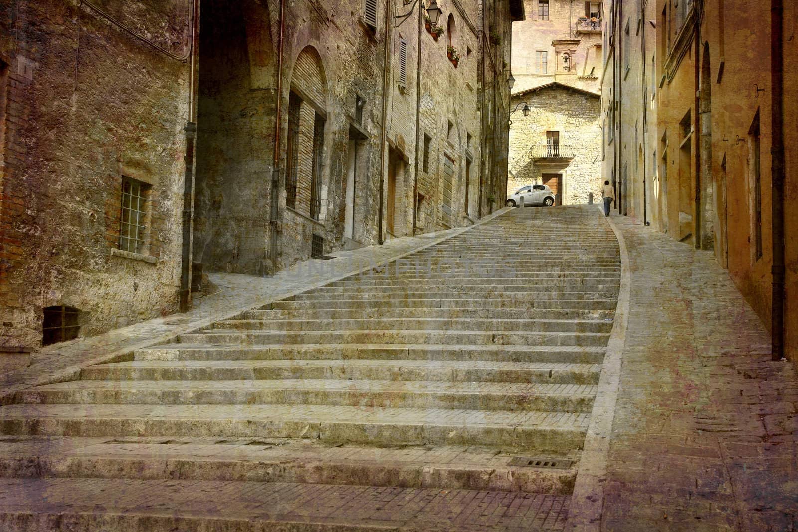 Artistic work of my own in retro style - Postcard from Italy. - Steep alley Gubbio, Umbria, Italy