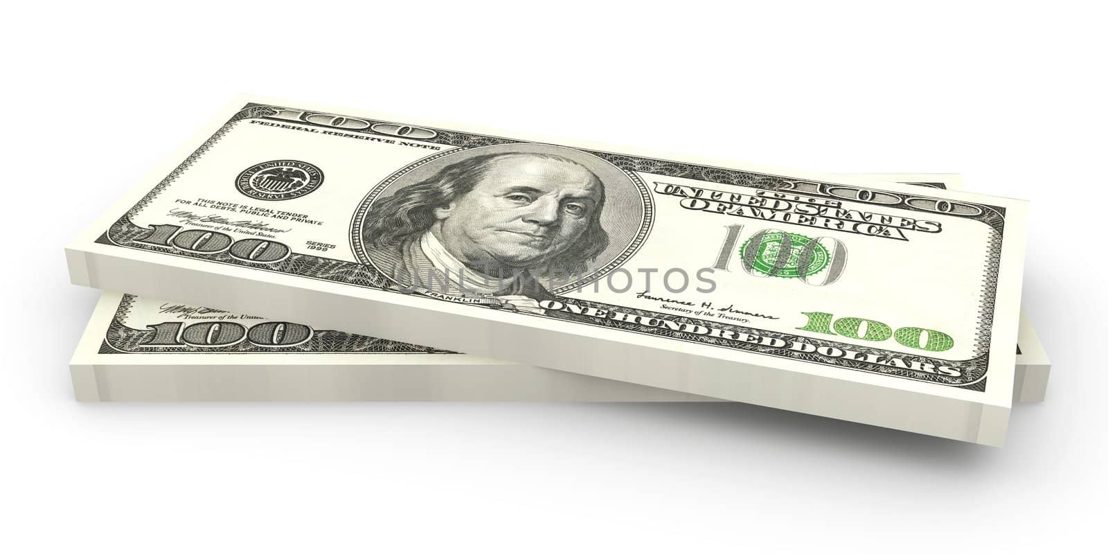 3D rendered Illustration. Stacks of 100 Dollar Bills. 
