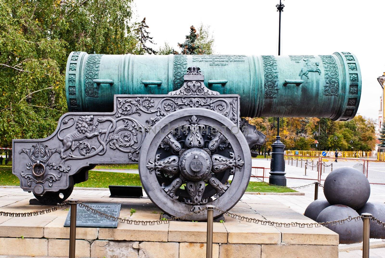 Full shot of russian tsar cannon taken during winter season on a cloudy day
