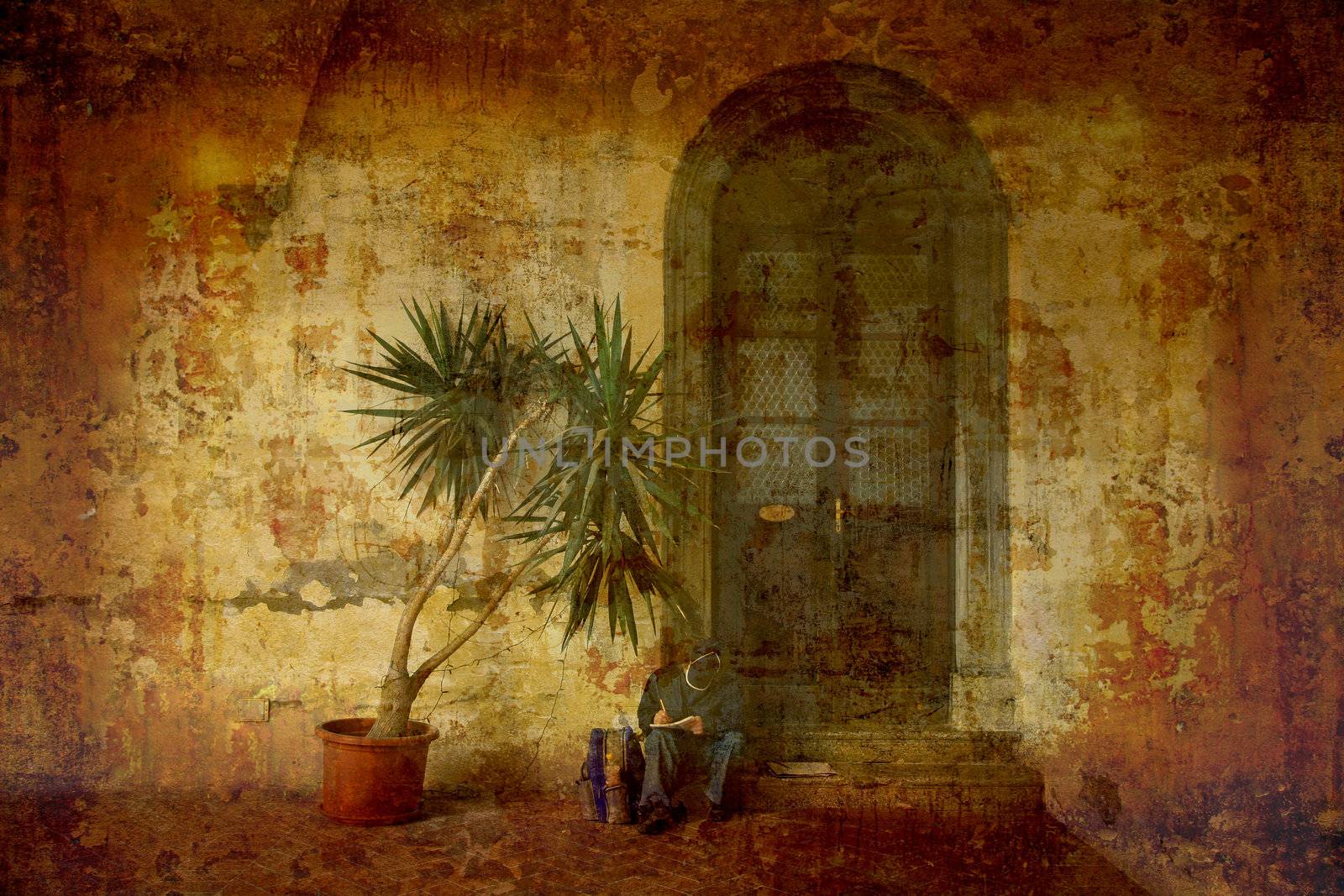 Artistic work of my own in retro style - Postcard from Italy. - Boy waiting for his mother.