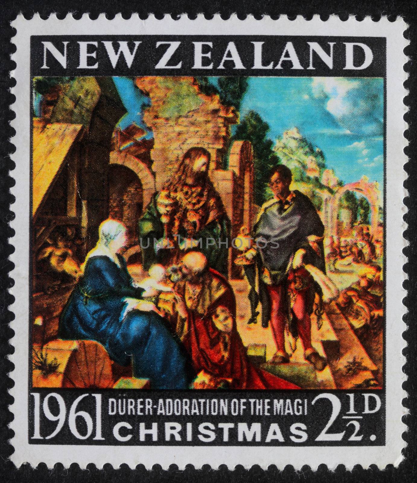 NEW ZEALAND - CIRCA 1961: A greeting Christmas stamp printed in New Zealand shows birth of Jesus Christ, adoration of the Magi