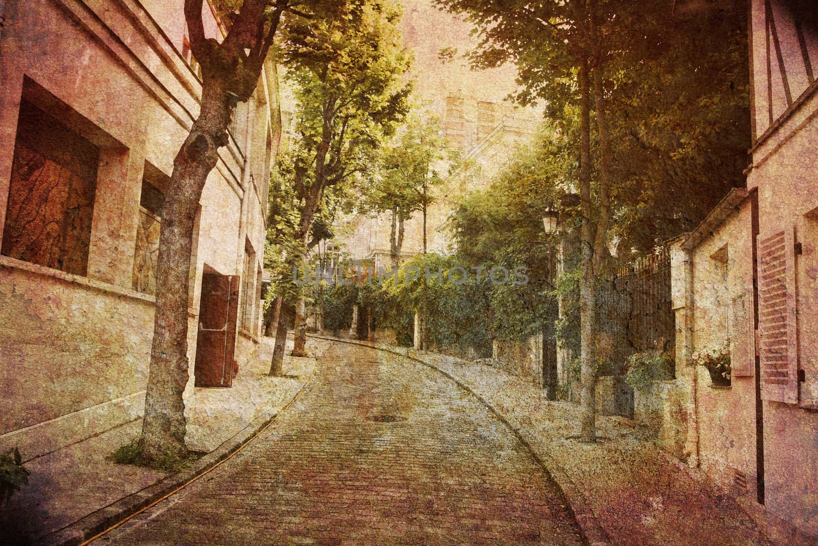 Like an old Japanese print. Several of my photos worked together to make a dreamlike retro look. Alley Montmartre, Paris.