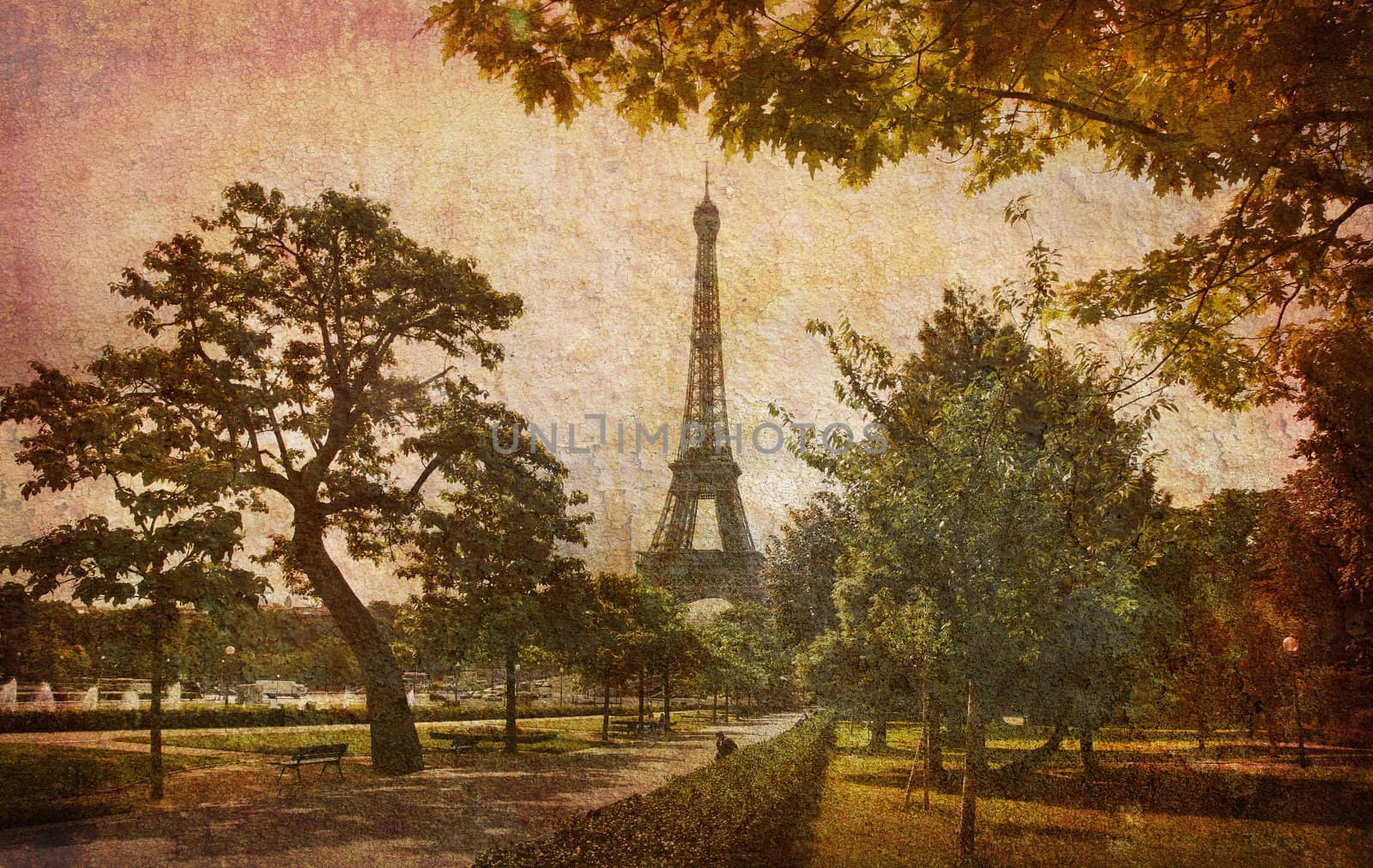 Like an old Japanese print. Several of my photos worked together to make a dreamlike retro look. Dream of the Eiffel tower.