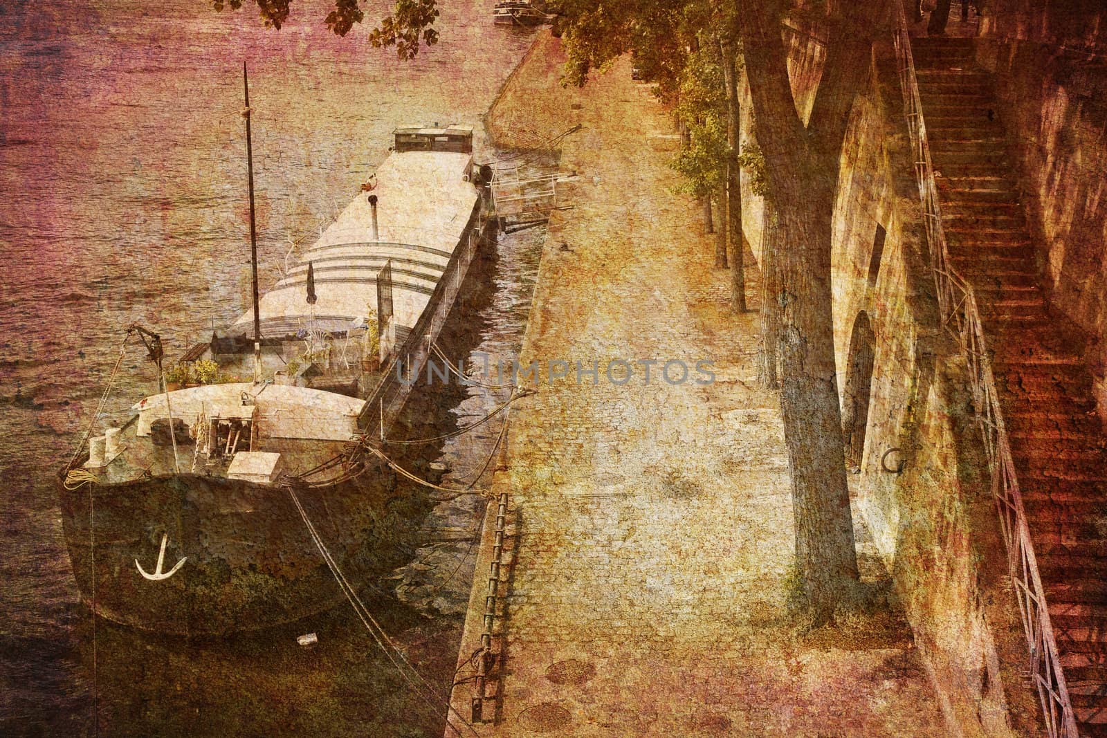 Like an old Japanese print. Several of my photos worked together to make a dreamlike retro look. Dream of a summer day along the River Seine, Paris, France.