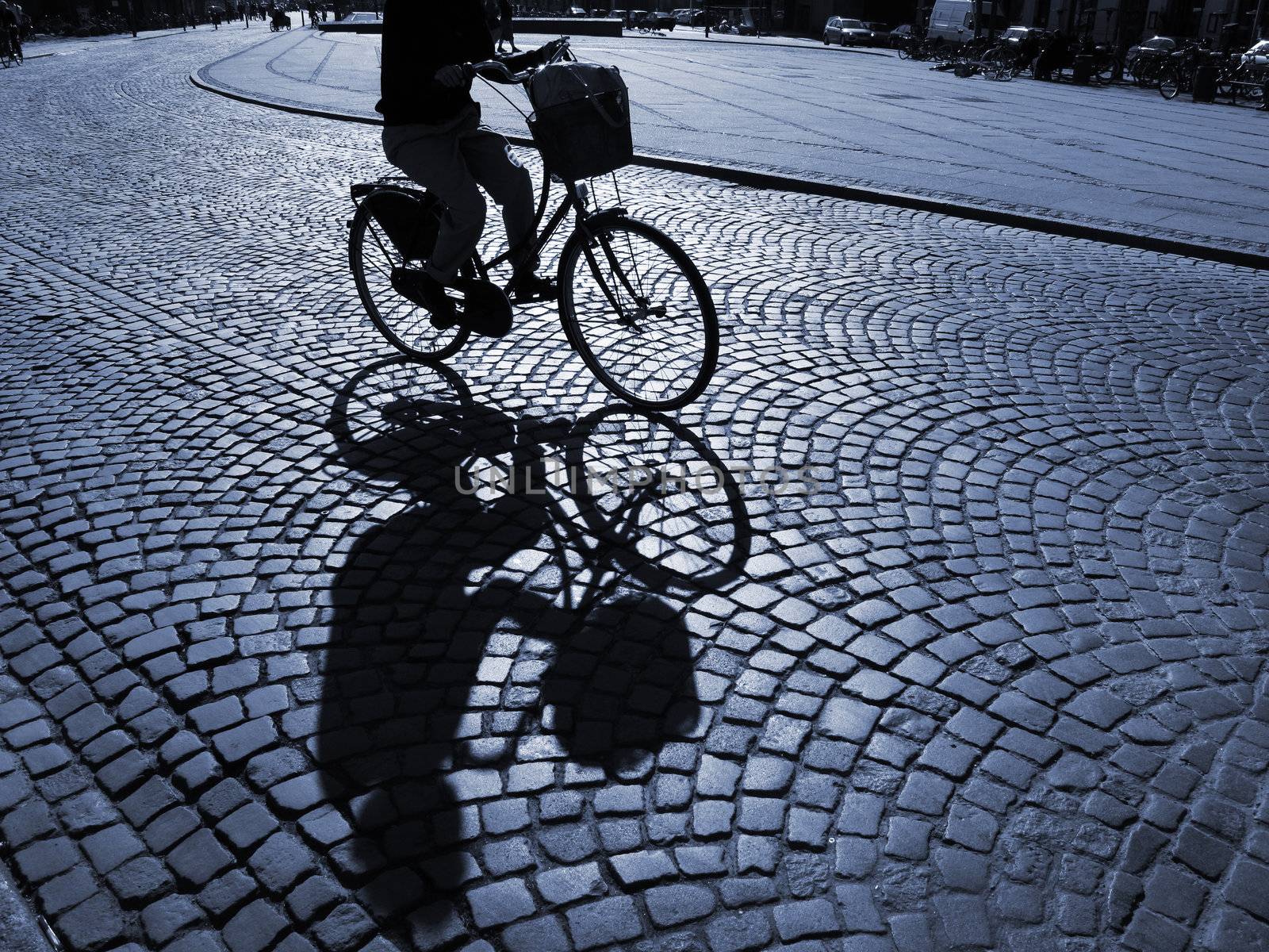  A warm spring afternoon a young girl is biking through the old streets of Copenhagen, Denmark.                      