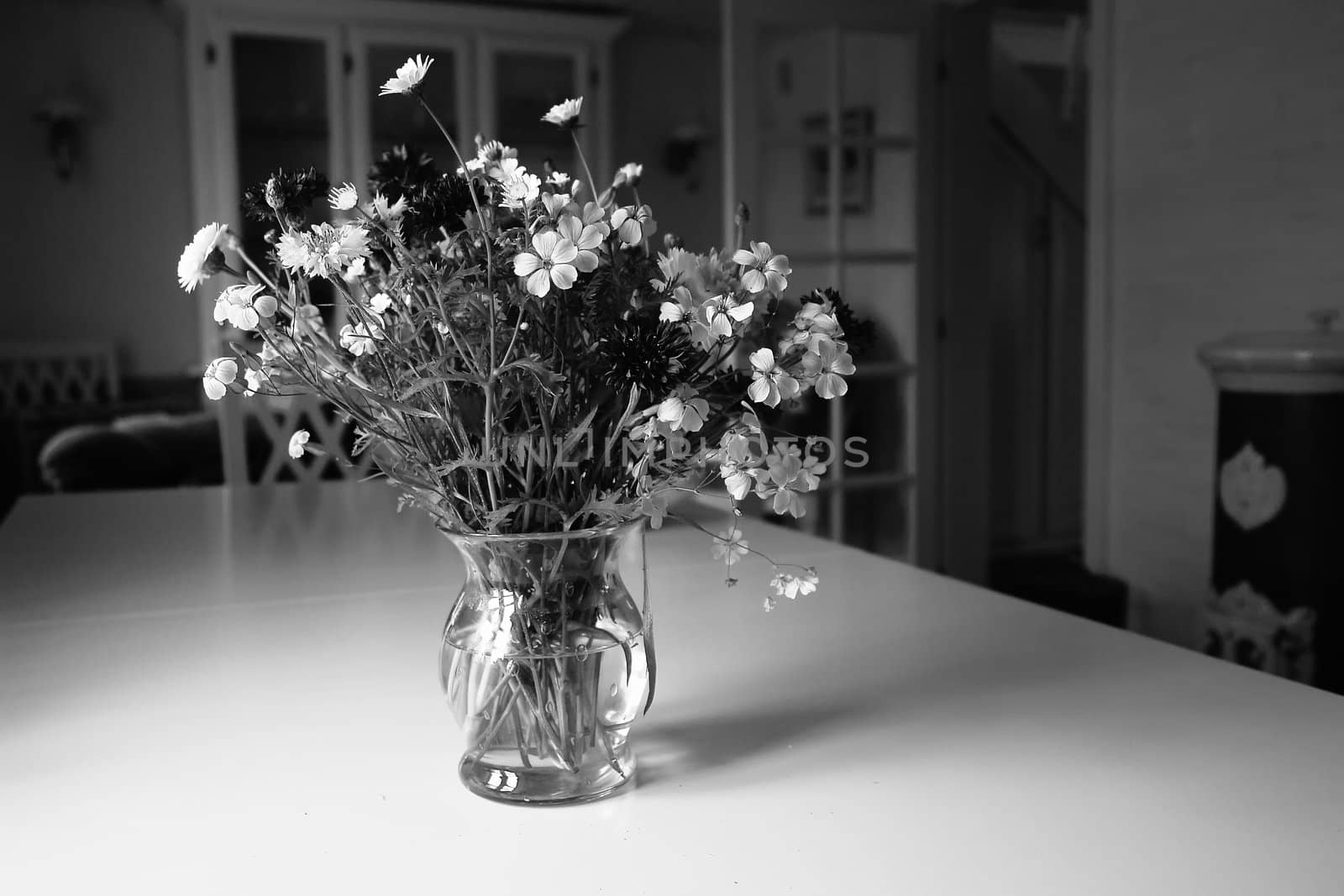 Beautiful spring summer flowers in a glass vase in a living room black and white monochrome image