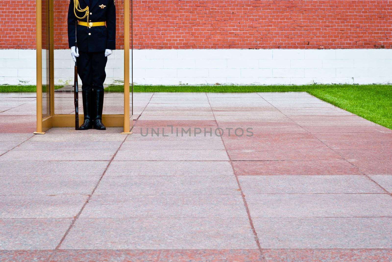 Russian guard standing in front of the Kramlin protecting it
