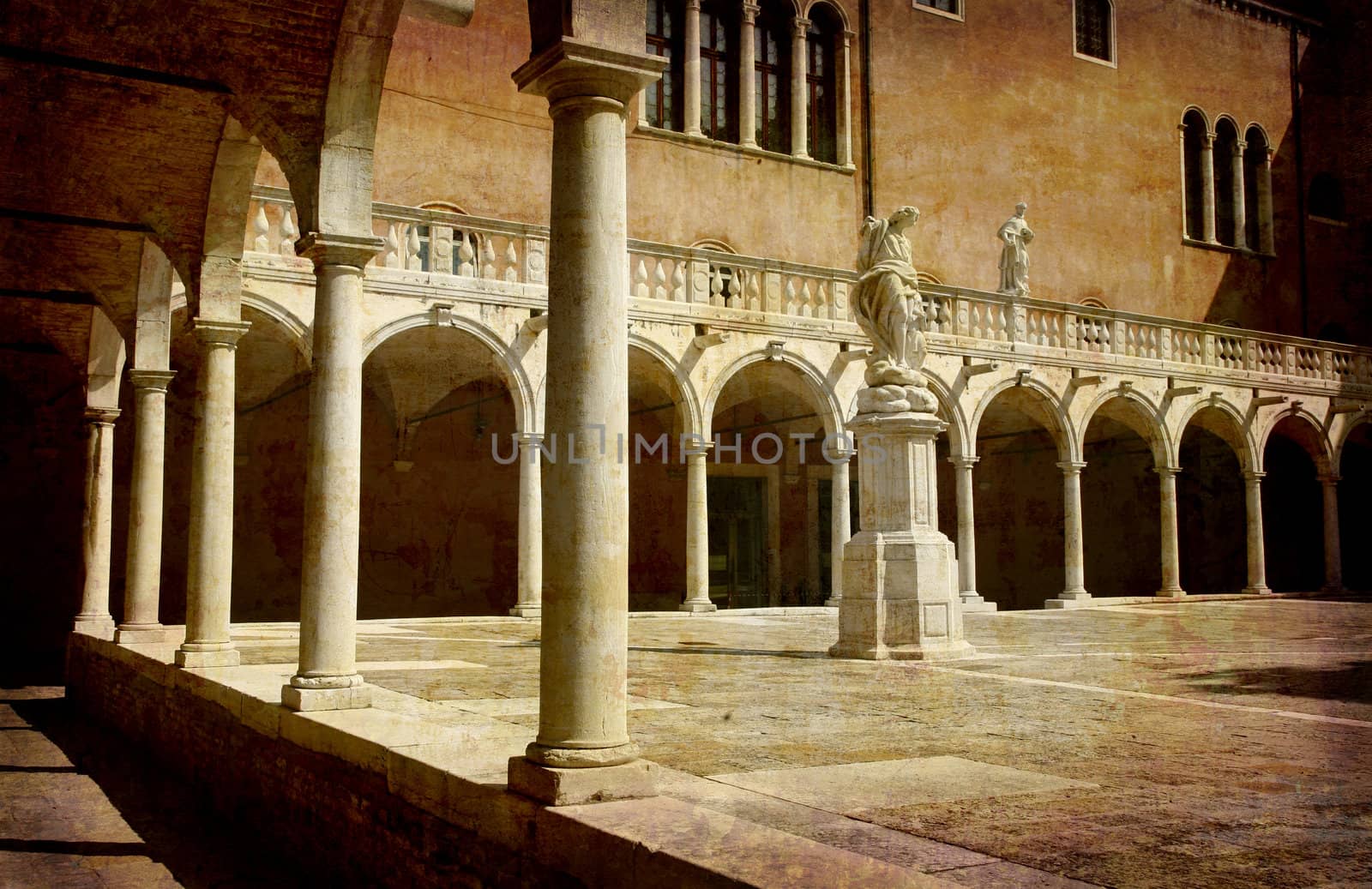 Artistic work of my own in retro style - Postcard from Italy.  Chiostro della Ss. Trinitai - Venezia