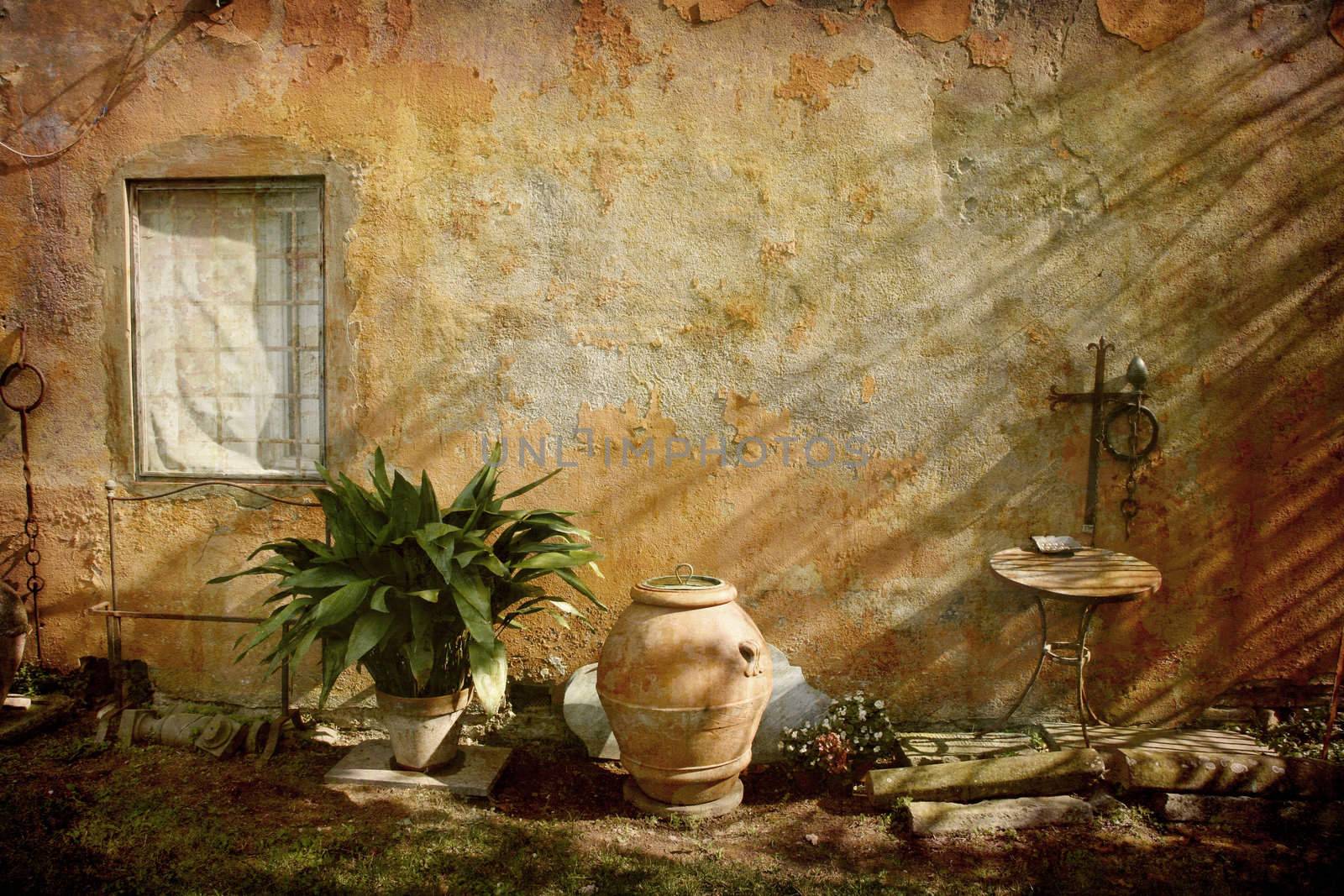 Artistic work of my own in retro style - Postcard from Italy. - Country garden - Tuscany.