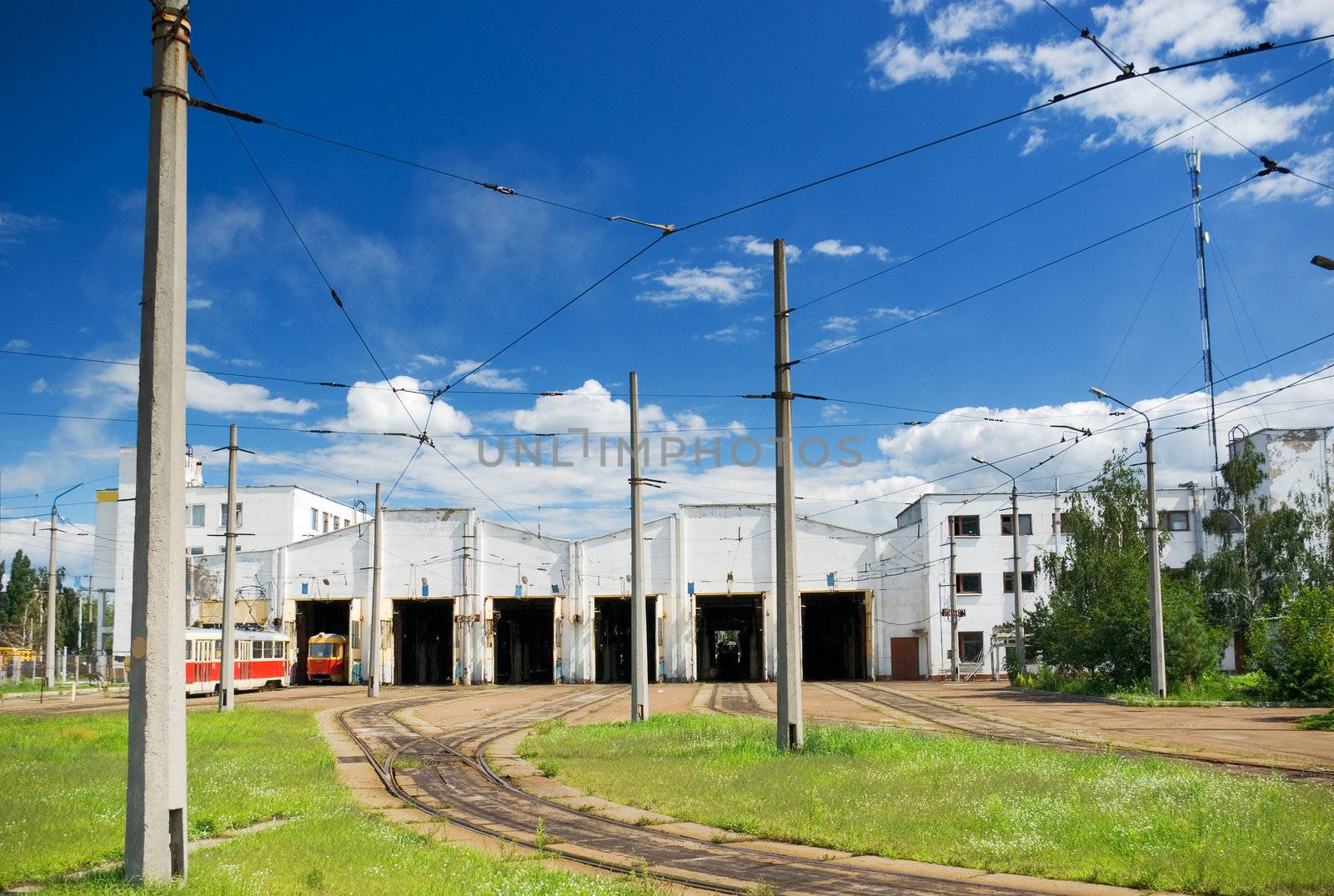 Old classic tram depot in the city