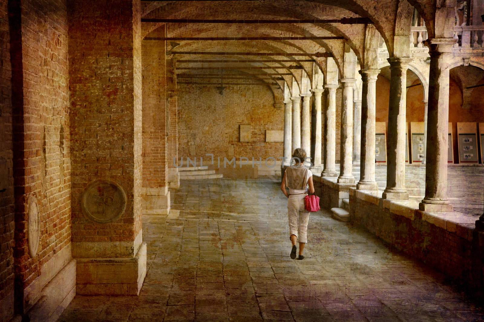 Artistic work of my own in retro style - Postcard from Italy. Chiostro della Ss. Trinitai - Venezia.