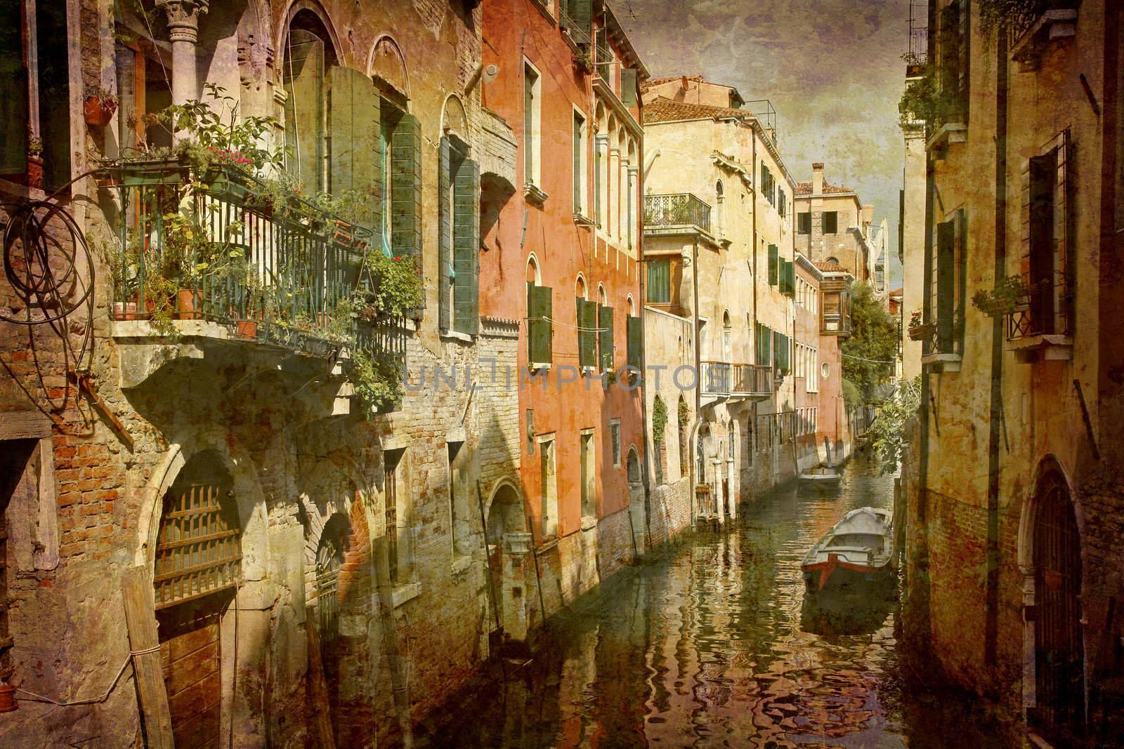 Artistic work of my own in retro style - Postcard from Italy. - Nice tranquil canal Venice.