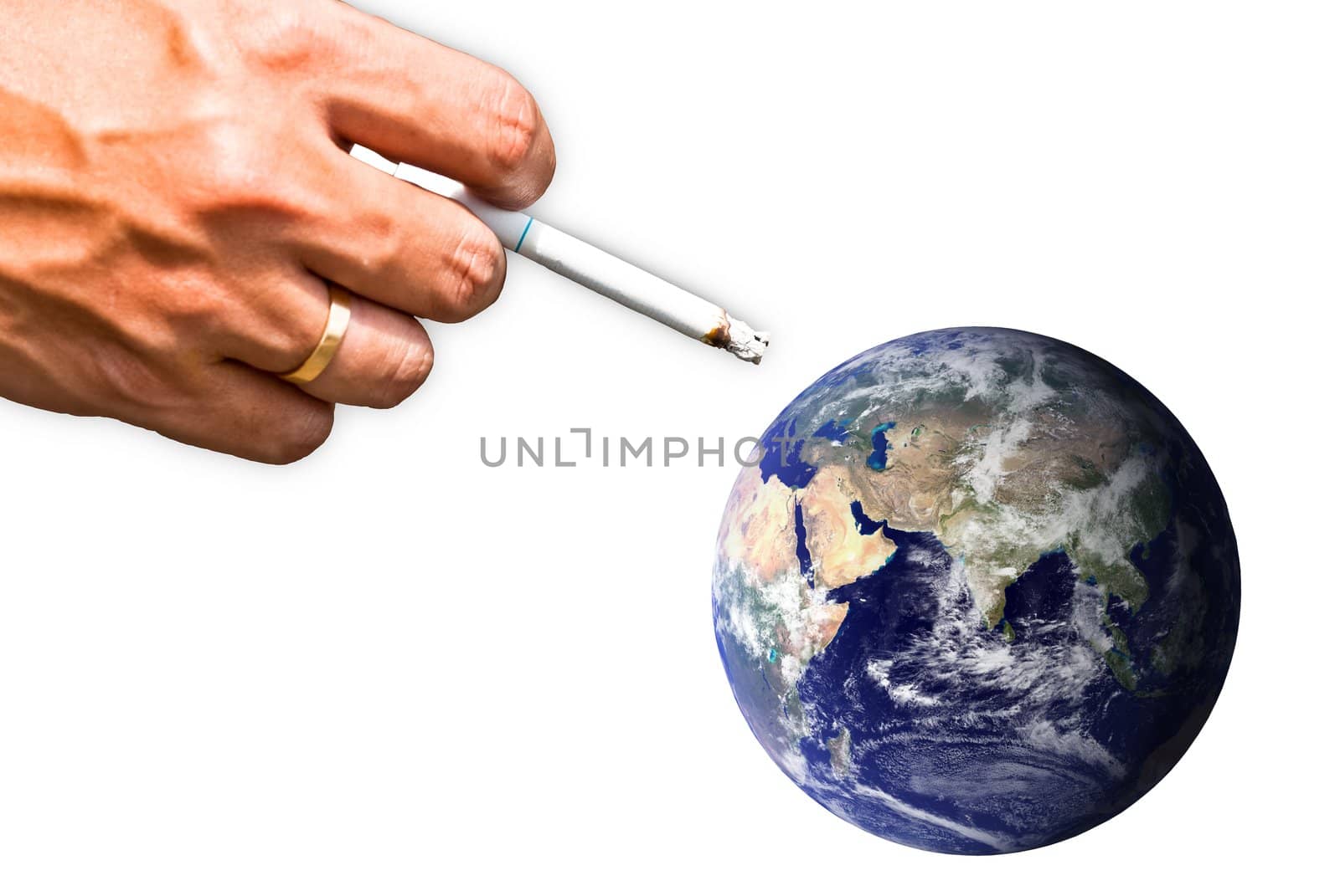 Smoking earth, displaying a large smoker's hand pointing to planet earth. 
