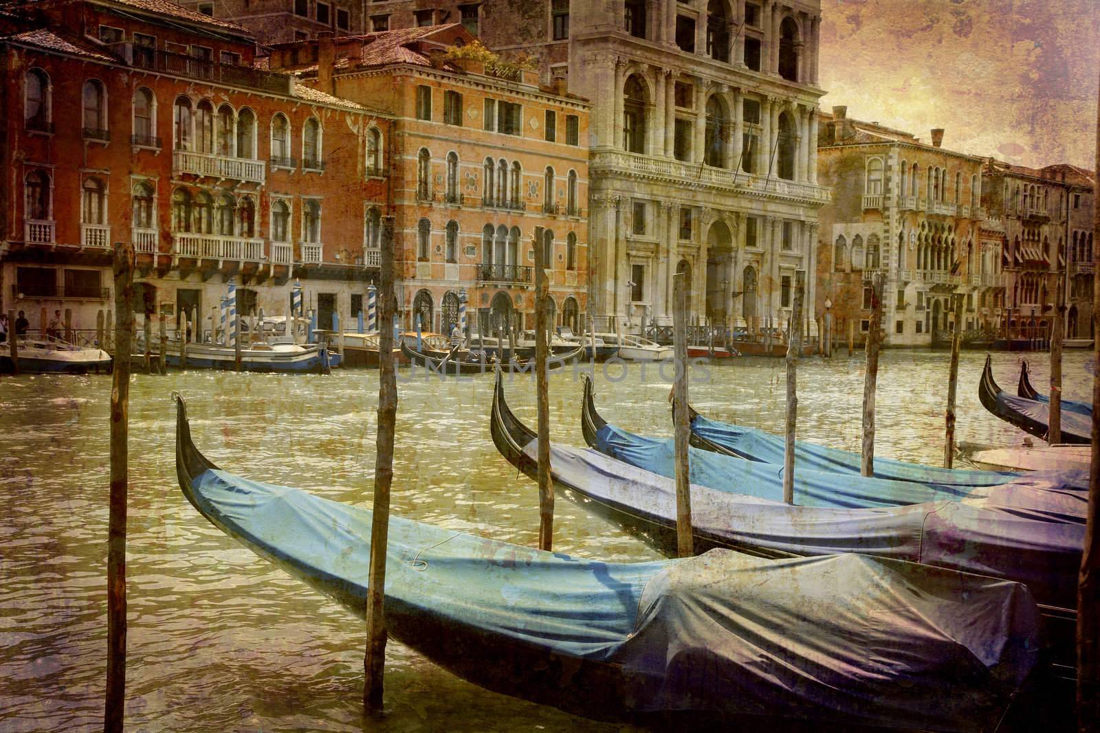 Artistic work of my own in retro style - Postcard from Italy. - Parked gondolas Grand Canal - Venice.