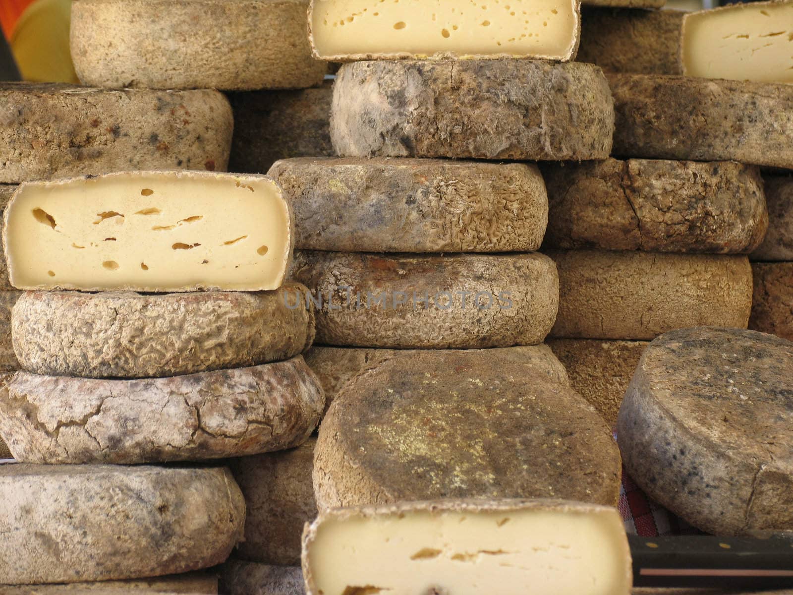 French cheese seen on a market place in Provence.