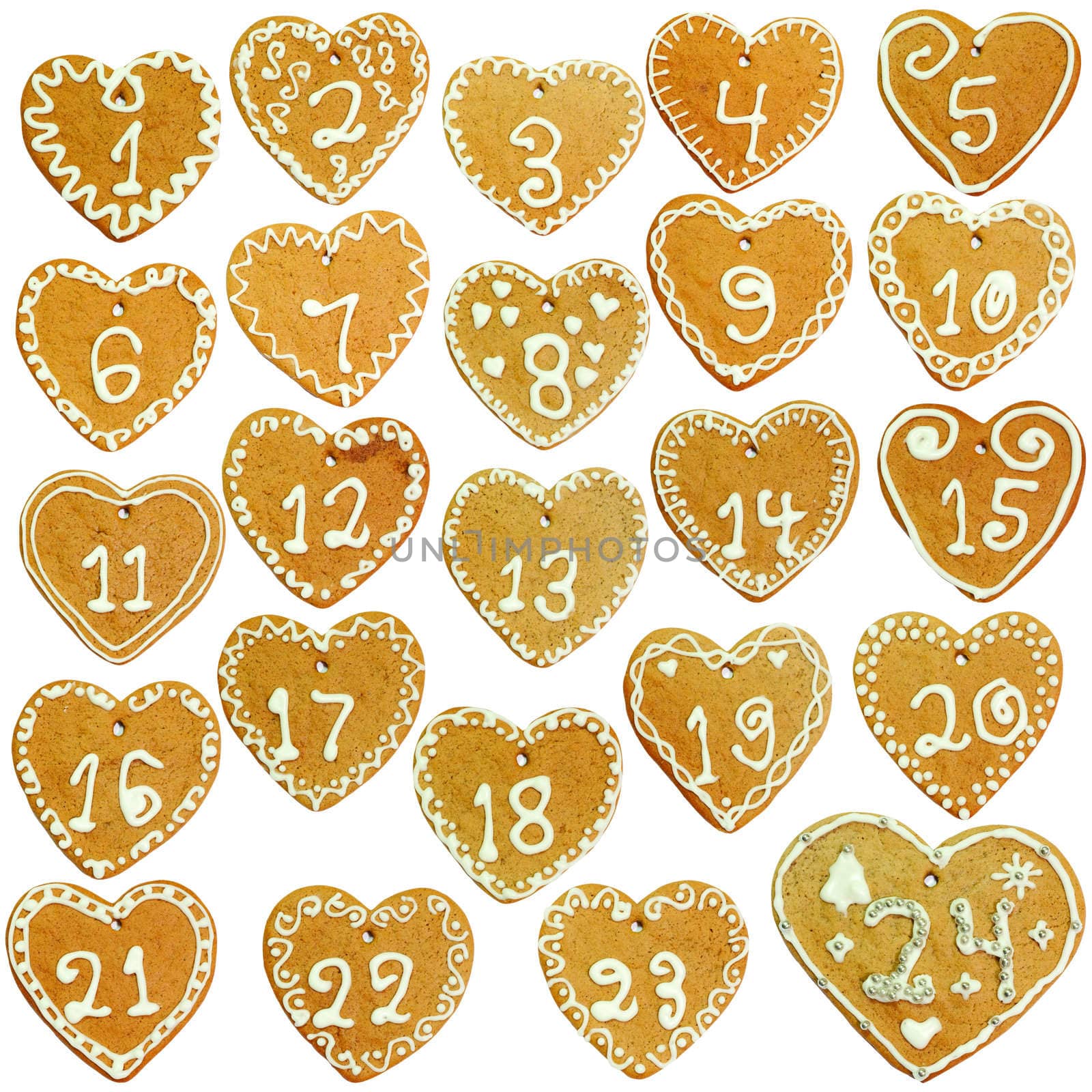 Gingerbread calendar; 24 decorated hearts