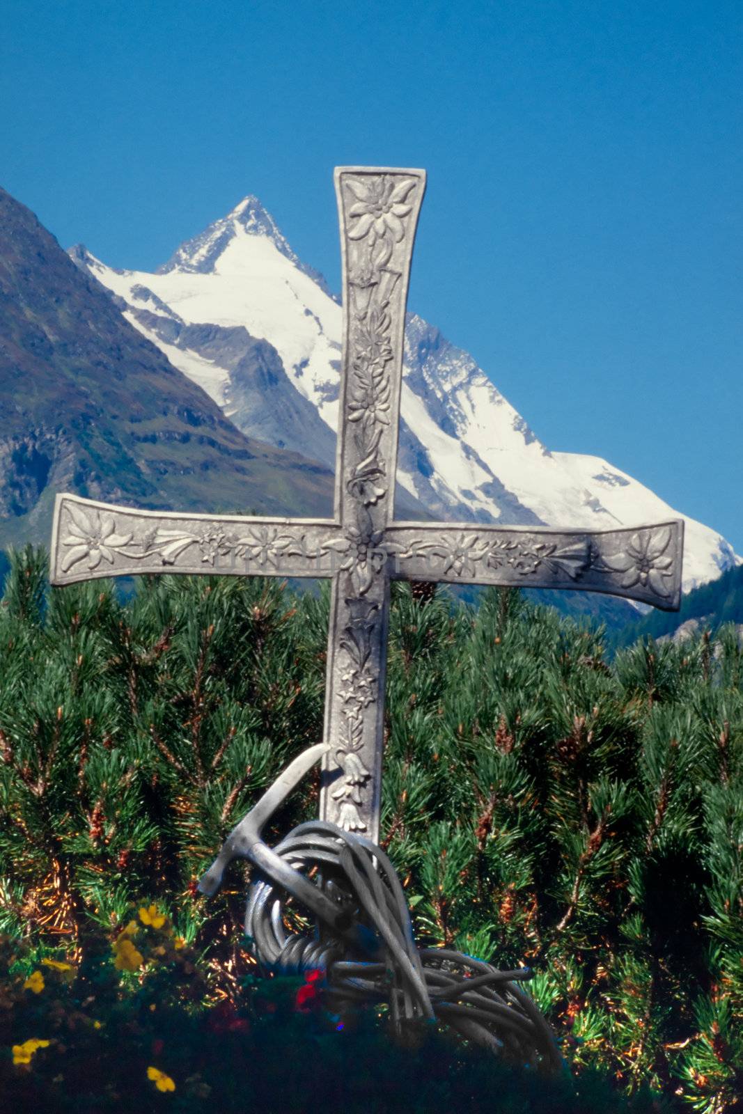 Mountaineering memorial in Heiligenblut, Austria, Europe, with peak of Grossglockner in background.
